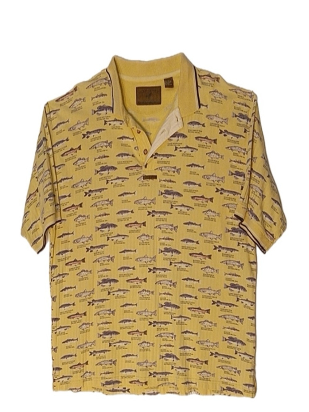 North River Outfitters Fish Print Cotton Polo Shirt XL Yellow